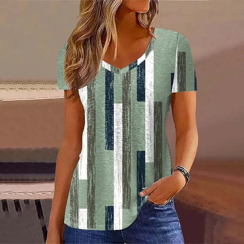 Women's T-Shirt Summer V-Neck Tee Loose Casual Top Stripes Funny Printed Female Clothing