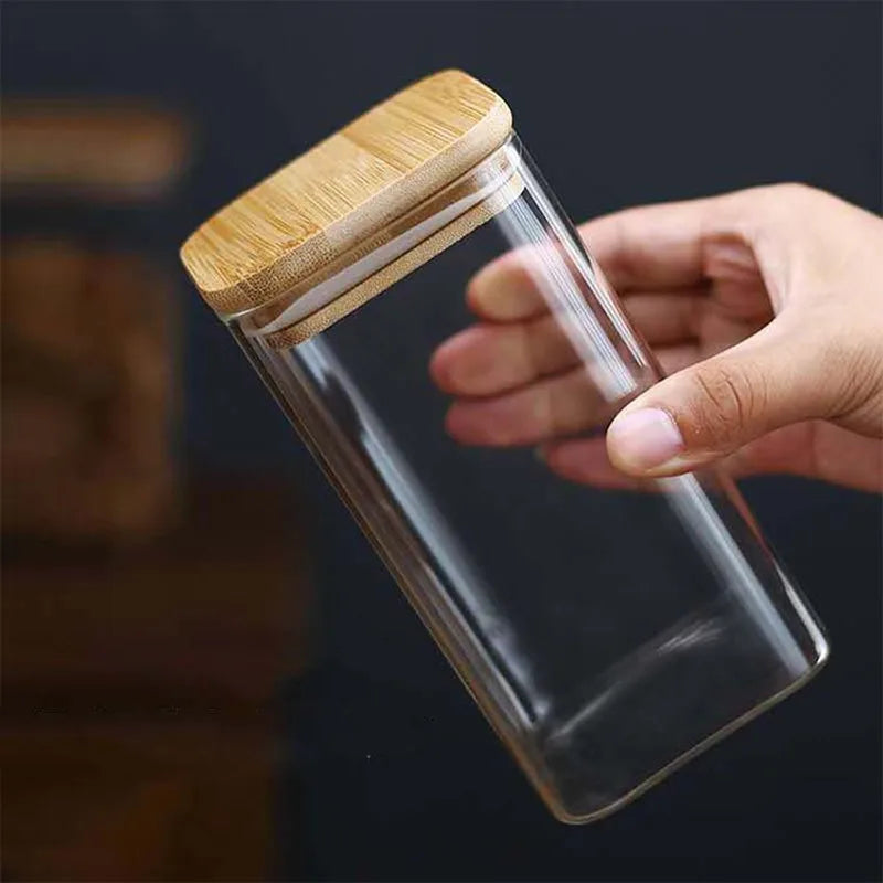 Squared Transparent Glass Food Storage Jar With Lid  Tea Coffee Beans Container Snack Nuts Sealed Box Kitchen Organizer