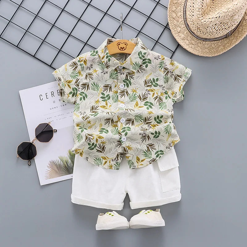 Boys Clothing Set Cotton Print Lapel Flower Short Sleeve Shirt + Pants 2Pcs