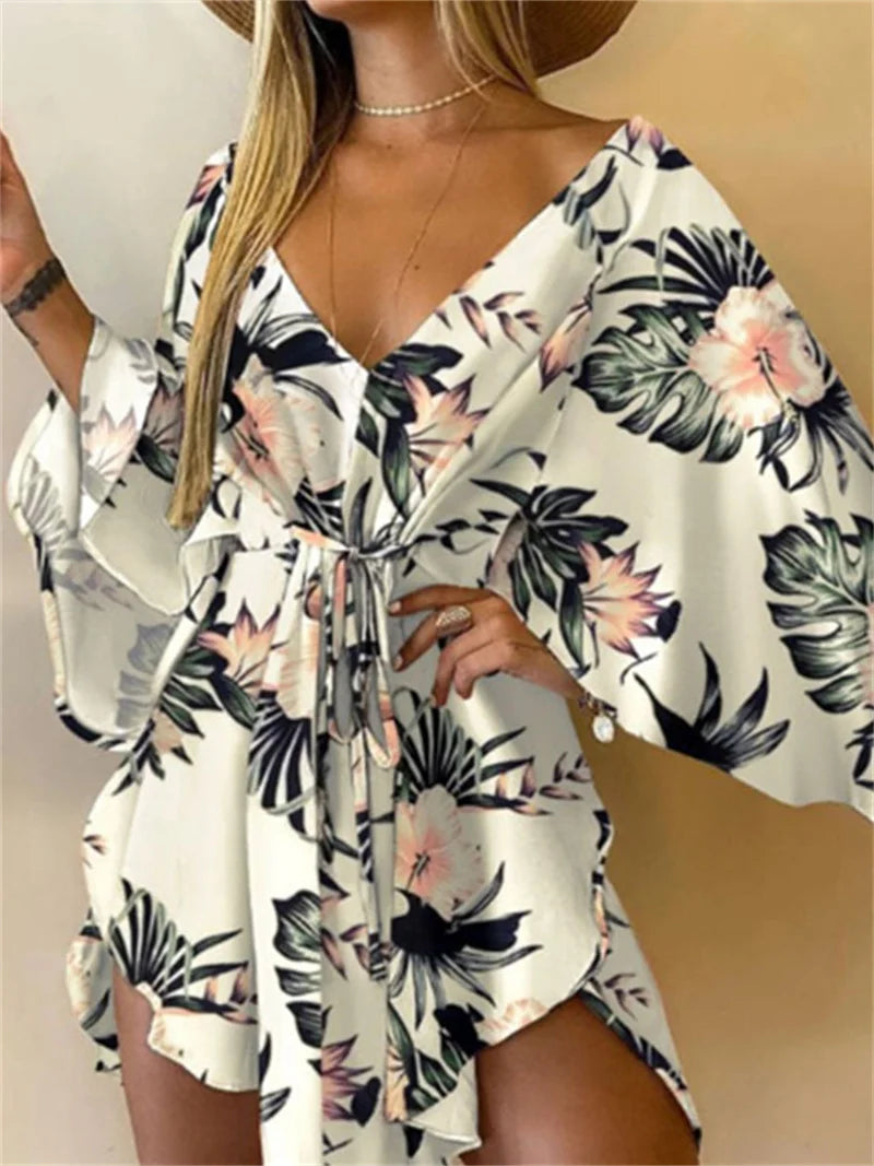 Women Print Dress V-Neck Bat Sleeve Ruffl Flowers Print Bohemian Beach Sundress Ladies Loose Summer Vacation Mini Dresses