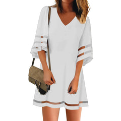 Women's Summer Mini Dress V-neck Three Quarter Sleeve Casual Loose Beach Dresses