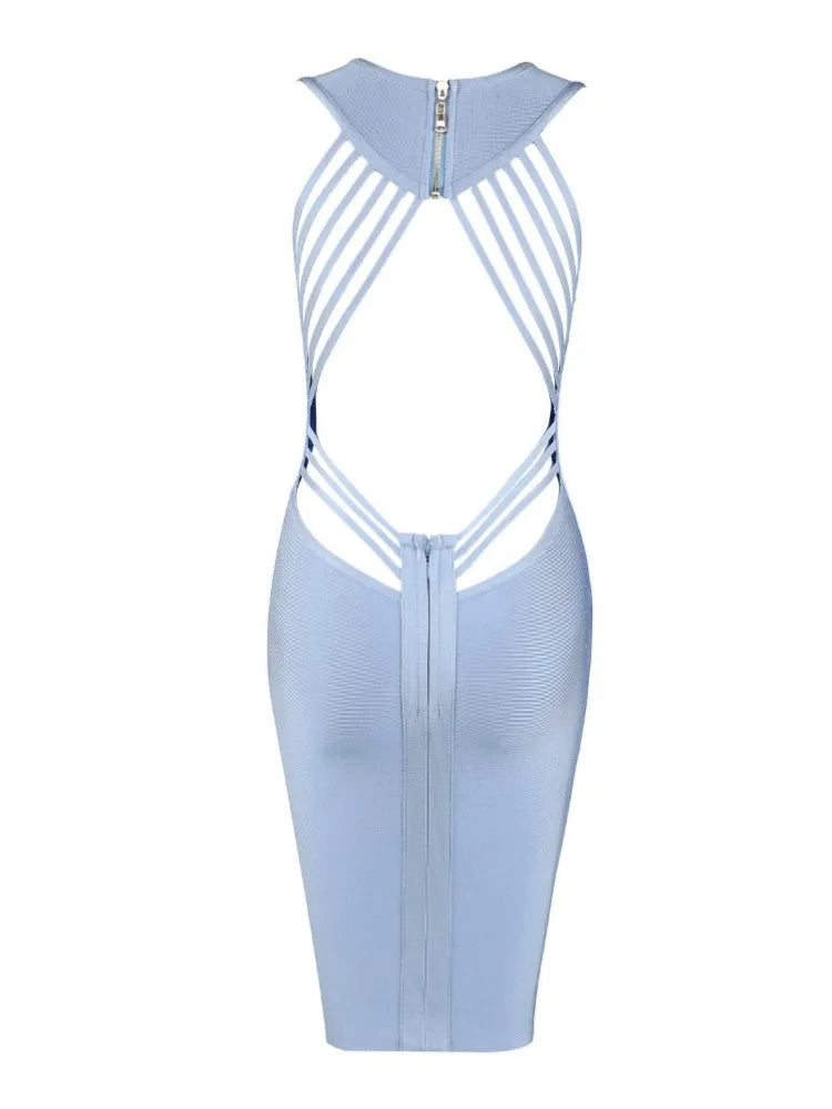 New Fashion V Neck Designer Light Blue Bandage Dress Women Backless Summer Party Dress