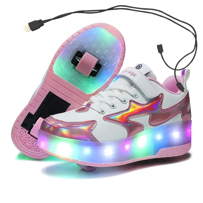 Kids LED usb charging roller shoes glowing light up luminous sneakers with wheels