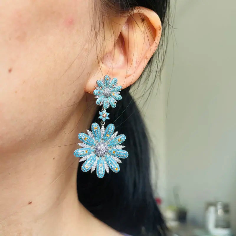 Bilincolor Luxury Blue Flower Earrings for Women Wedding Jewelry Gift