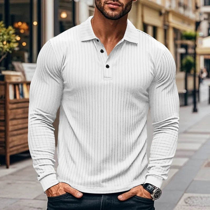 New Men's Polo Shirt Long Sleeve Button-down Solid Color Popular Pullover Knitwear Streetwear