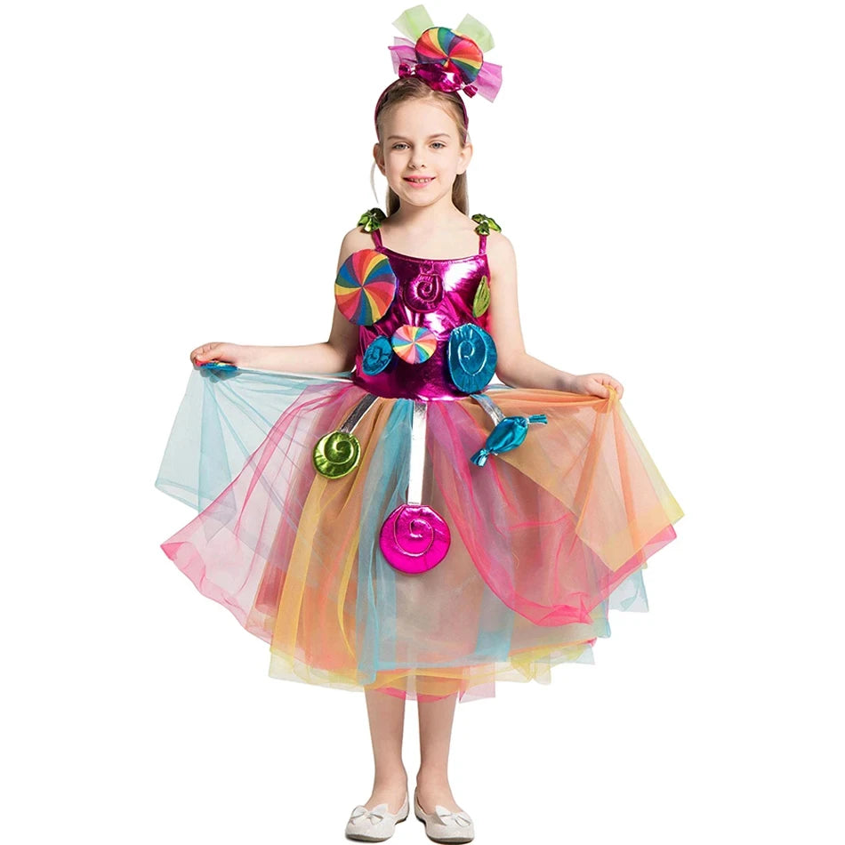 Candy Dress for Girls Purim Festival Lollipop Cosplay Costume Toddler Rainbow Tutu Dress Princess Gown
