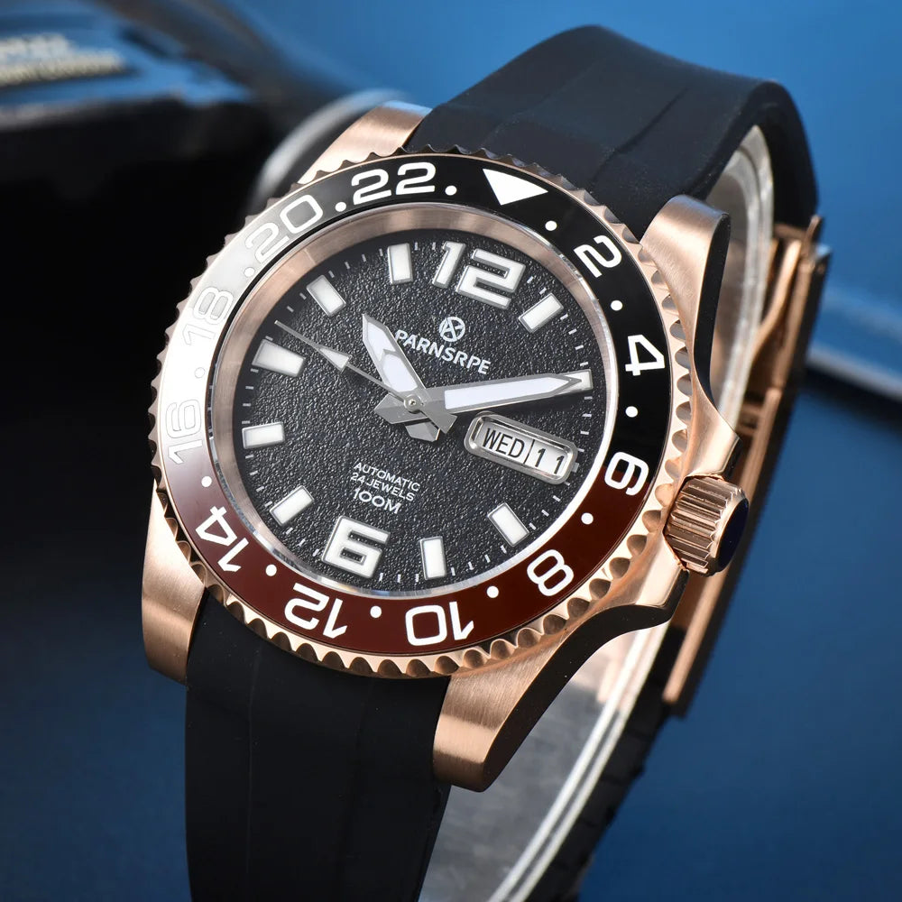 premium rose gold business watch sapphire glass Japan rubber strap