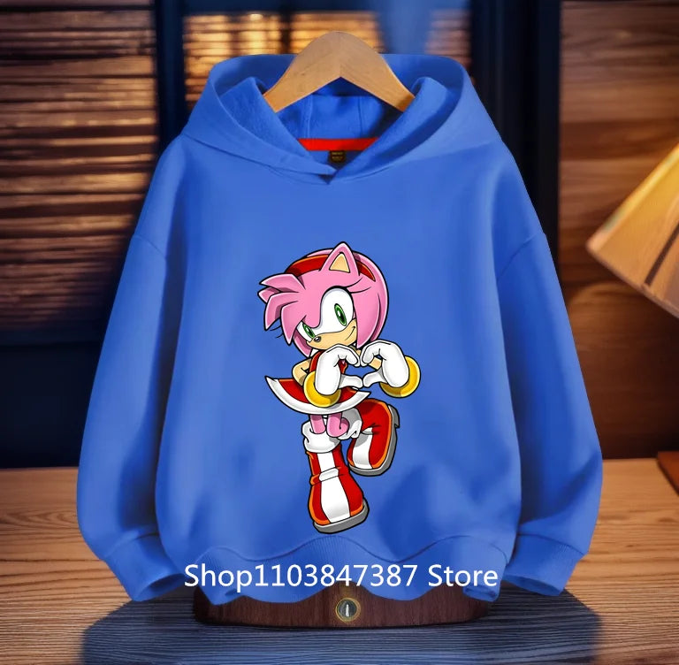 Sonics Hoodies Kids Cartoon Sonic Print Pullovers Baby Boys Children Long Sleeves Sweatshirt Girls Clothing Streetwear