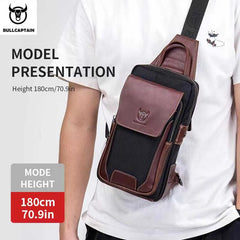 BULLCAPTAIN Men Chest Bag Head Layer Cowhide Men's Bag Casual Fashion Chest Belt Bag Popular Styles Business Shoulder Bag