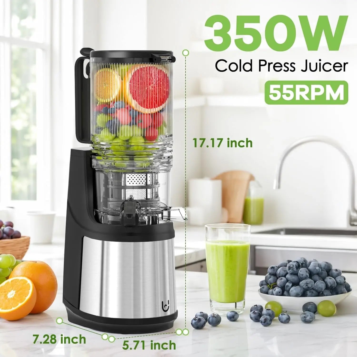 Juicer, 350W Slow Cold Press Juicer with 5.8" Extra-Large Feeding Chute, Juicer Machines for Whole Fruits and Vegeta