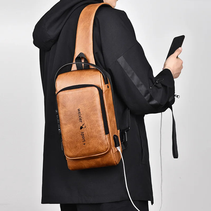 Men Chest Bag PU Waterproof Crossbody Bag Anti-theft Fashion Men One Shoulder Chest Bag Korean Style Casual Sports Messenger Bag