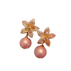 Fashion Trend Sparkling Zircon Flower Pearl Pendant Stud Earrings for Women Elegant