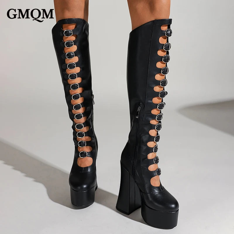 GMQM Platform Fashion Women‘s The Knee Boots High Heels Thick Sole Breathable Shoes Pumps Chunky Super Heel Round Toe Long Boots