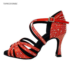 Red Rhinestones Salsa Dance Shoes 9cm Heel