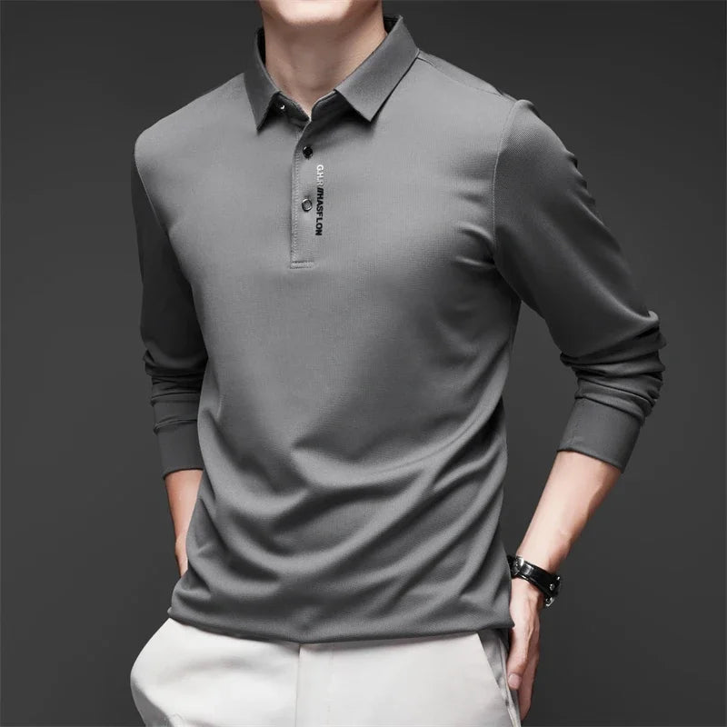 New Men's Business Casual Long Sleeved Shirt with Badge Solid Color Polo Shirt Fashionable Breathable Comfortable Versatile Top