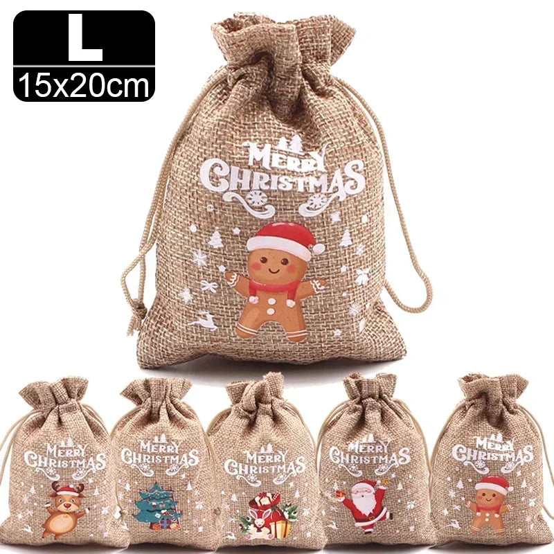 Burlap Christmas Bag Santa Claus Snowman Drawstring Candy Cookies Pouch Xmas