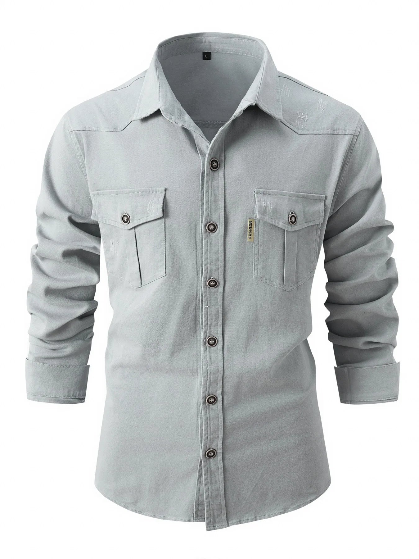 Autumn men's denim cotton linen single-breasted lapel pocket long sleeve shirt slim top