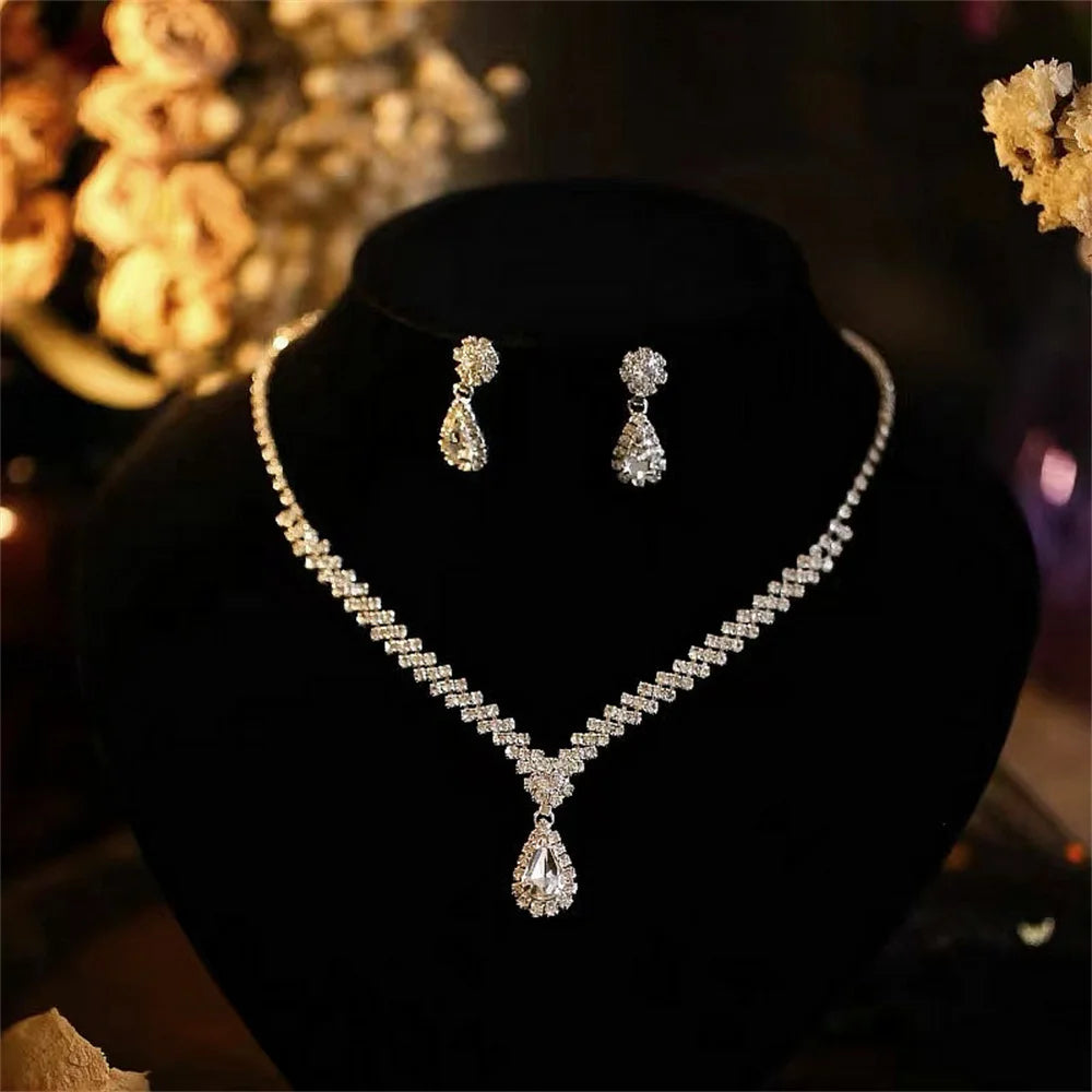 Luxury Water Drop Rhinestone Necklace Earrings For Women