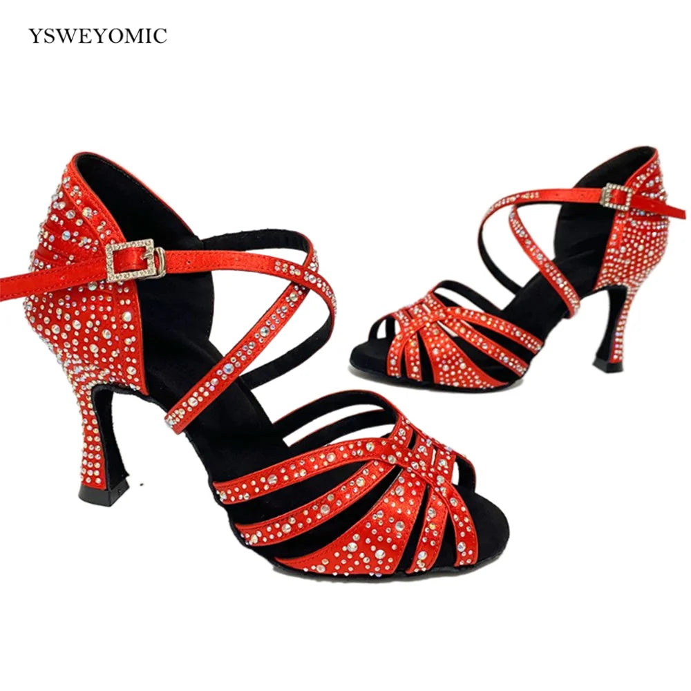 Red Rhinestones Salsa Dance Shoes 9cm Heel