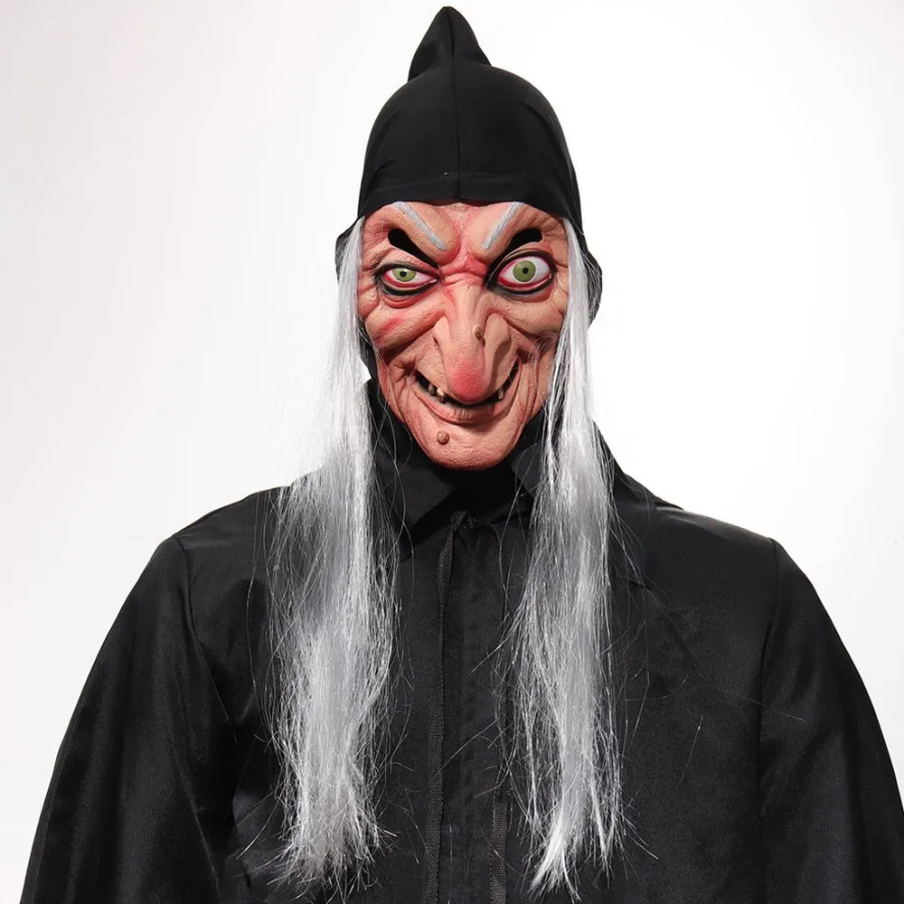 Halloween Witch Mask Cosplay Scary Ghost Face Sorceress Old Nana Grandma Latex Helmet Dress Up Party Costume Props