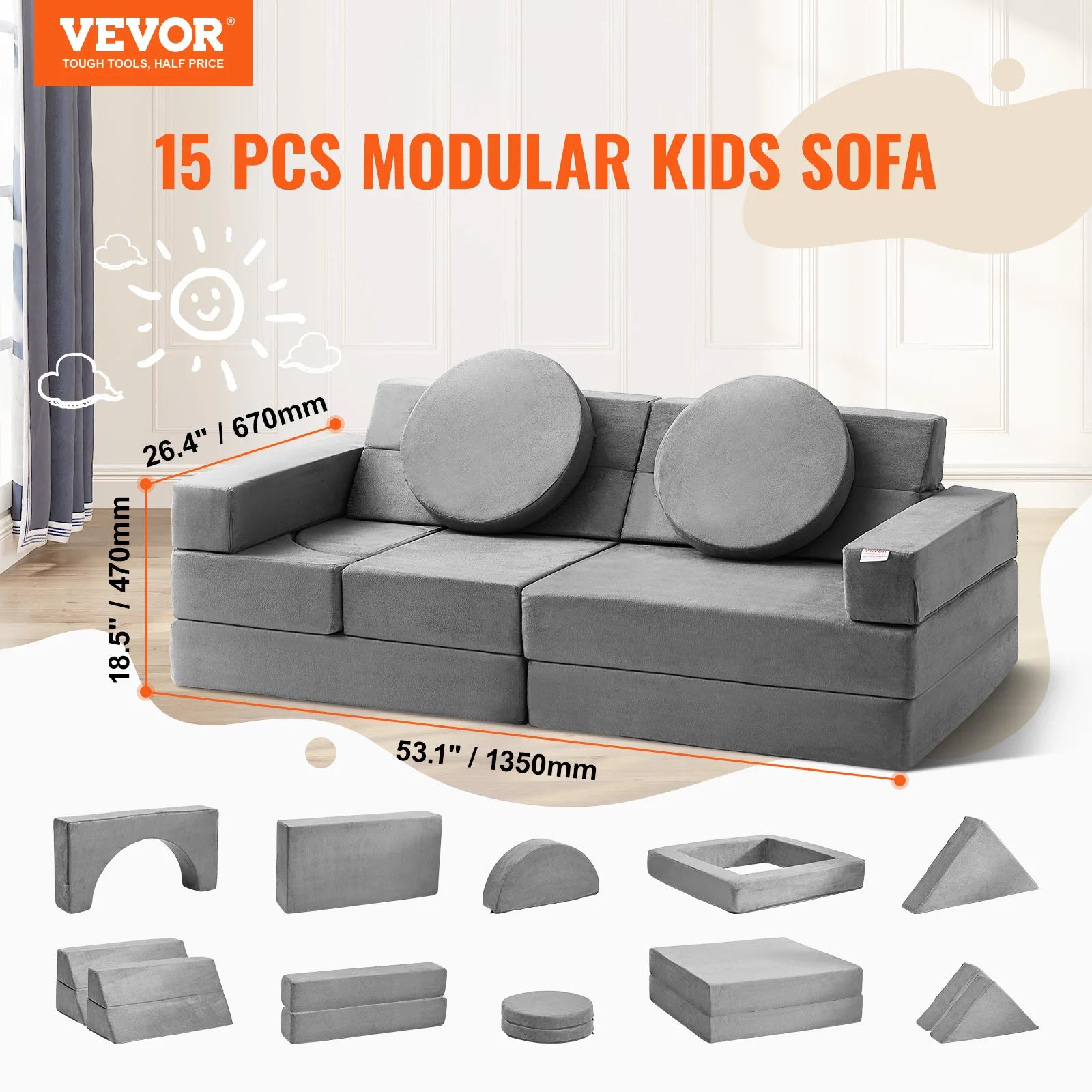 VEVOR Play Couch Kids Sofa Toddler Foam Sofa Couch with High-density 25D Sponge for Playing Creativing Sleeping Kids Furniture