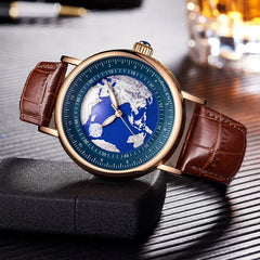 Mens Watches Fashion Blue Planet Creative Earth Quartz Wristwatch Leather Waterproof Watch