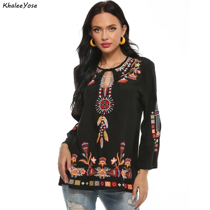 YOSE Black Boho Embroidery Blouses Shirt Women Autumn Spring Mexican Shir
