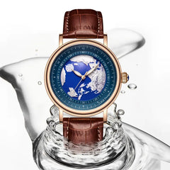 Mens Watches Fashion Blue Planet Creative Earth Quartz Wristwatch Leather Waterproof Watch