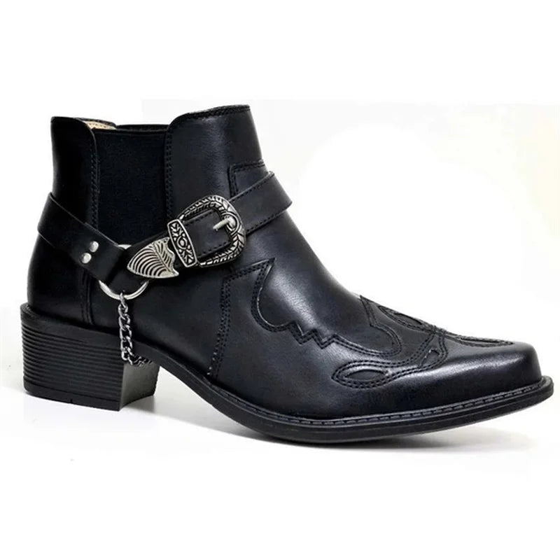 Men's Vintage Cowboy Boots Leather High Top Chain Buckle Strap Punk Shoes