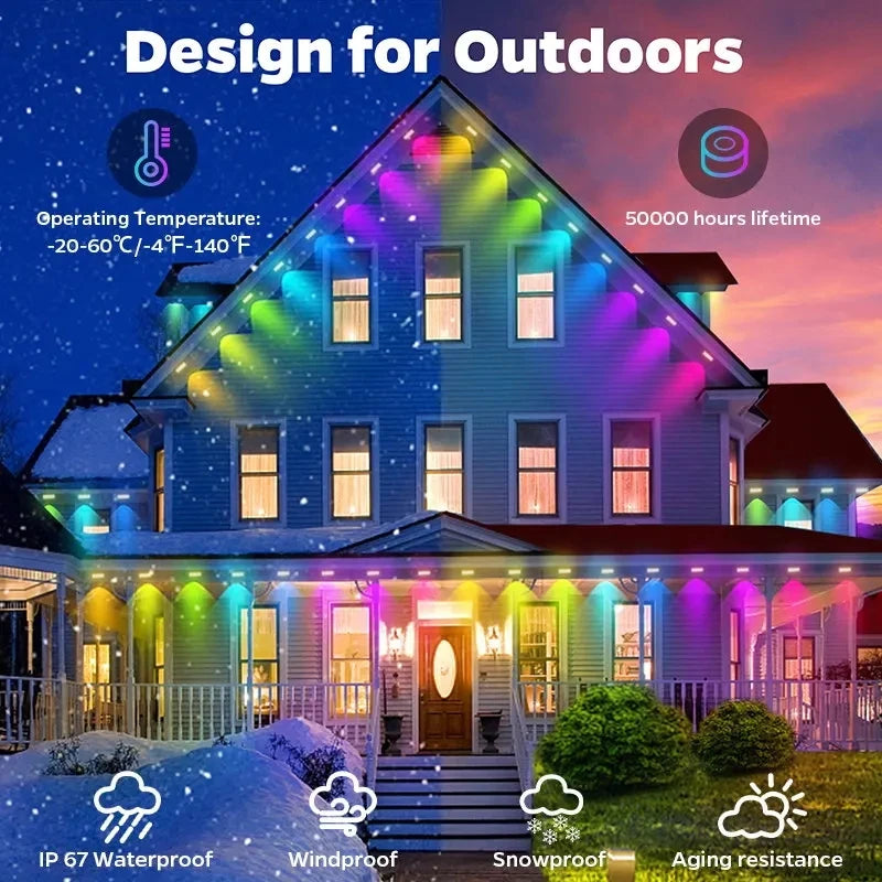 30M Outdoor Eaves LED Light String APP Bluetooth RGB Light Strip Waterproof DIY Scene Color Full House Party Wedding Lighting