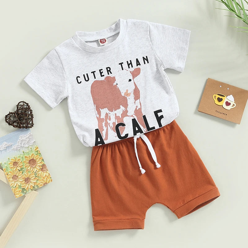 Toddler Summer Clothes Cow Letter Print Short Sleeve T-shirt and Stretch Casual Shorts Set for Boys and Girls