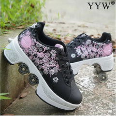 Casual Sneakers Walk Roller Skates Deform Runaway Four Wheel Skates for Adult Men Women Unisex Child Deform Wheel Parkour Shoes