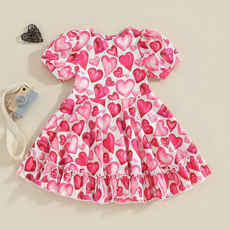 Kids Girl’s Valentine's Day Dress Short Sleeve Crew Neck Heart Print Summer A-Line Princess Dress