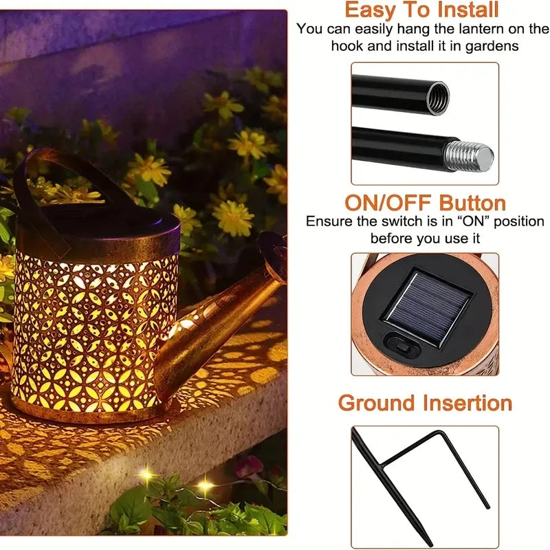 Solar Watering Can Lights LED Outdoor Metal Waterproof Hanging Lantern String Lights