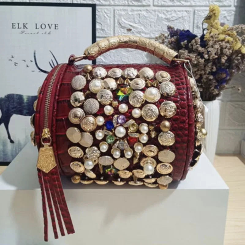 Round Bucket Bag With Bead Rivet Rhinestone Single Shoulder Crossbody Bag Women Punk Style Handbag