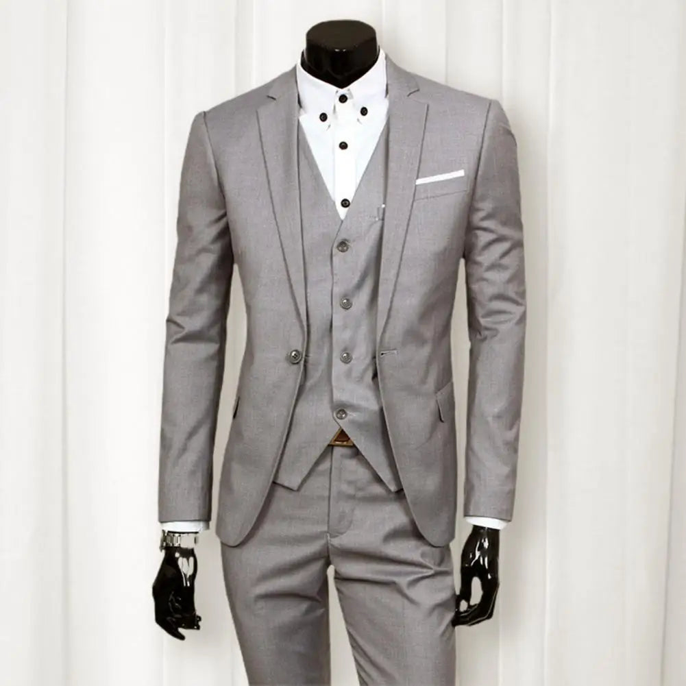 3 Pcs/Set Great Business Suit Wear-resistant Men Suit Set Sleeveless Waistcoat Solid Color Men Formal Suit  Slim Fit