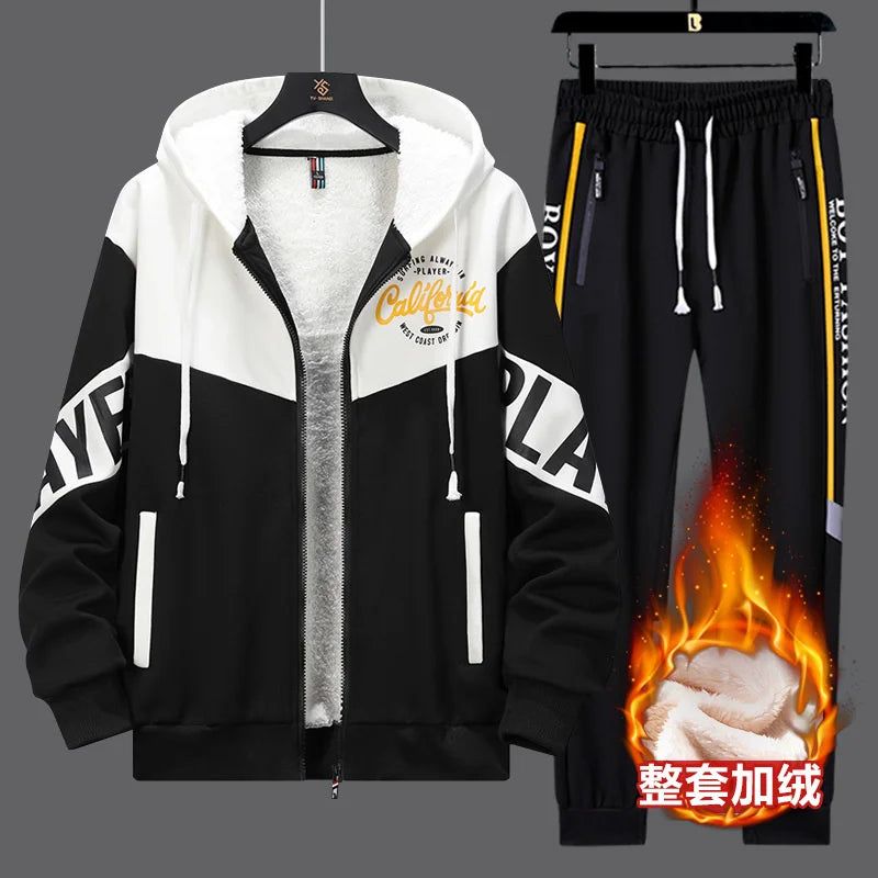 New Tracksuit Set Men Winter Warm Thick Hoodie Cardigan Zipper Sweatshirt Sweatpants 2 Piece