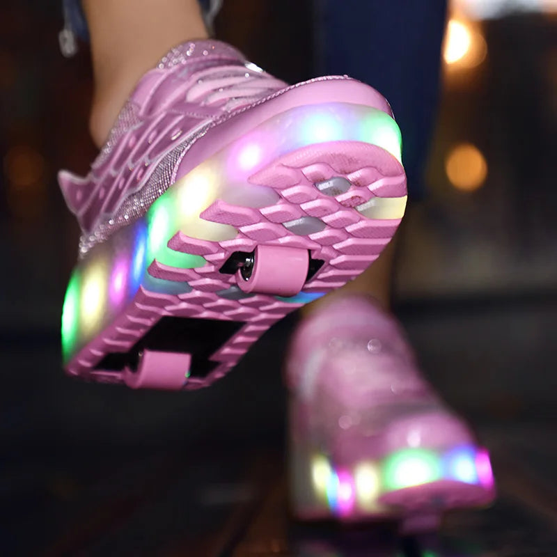 New Style Pink USB Charging Shoe Fashion Girls Boys Women LED Light Roller Skate Shoes