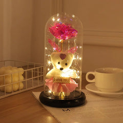 Beauty and Beast Rose Flower with Teddy Rose Bear In Glass Dome Home Wedding Decoration Christmas gift