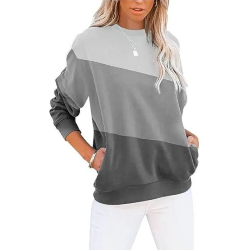 Women's color blocked casual long sleeved top with print round neck sweatshirt