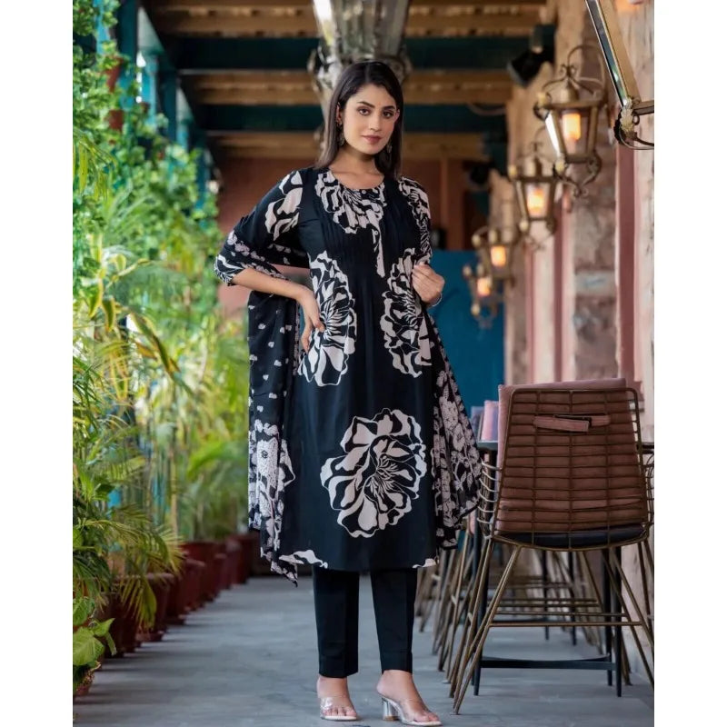 Black Color Printed Kurta Palazzo with Dupatta Set Women Salwar Kameez Suit Set