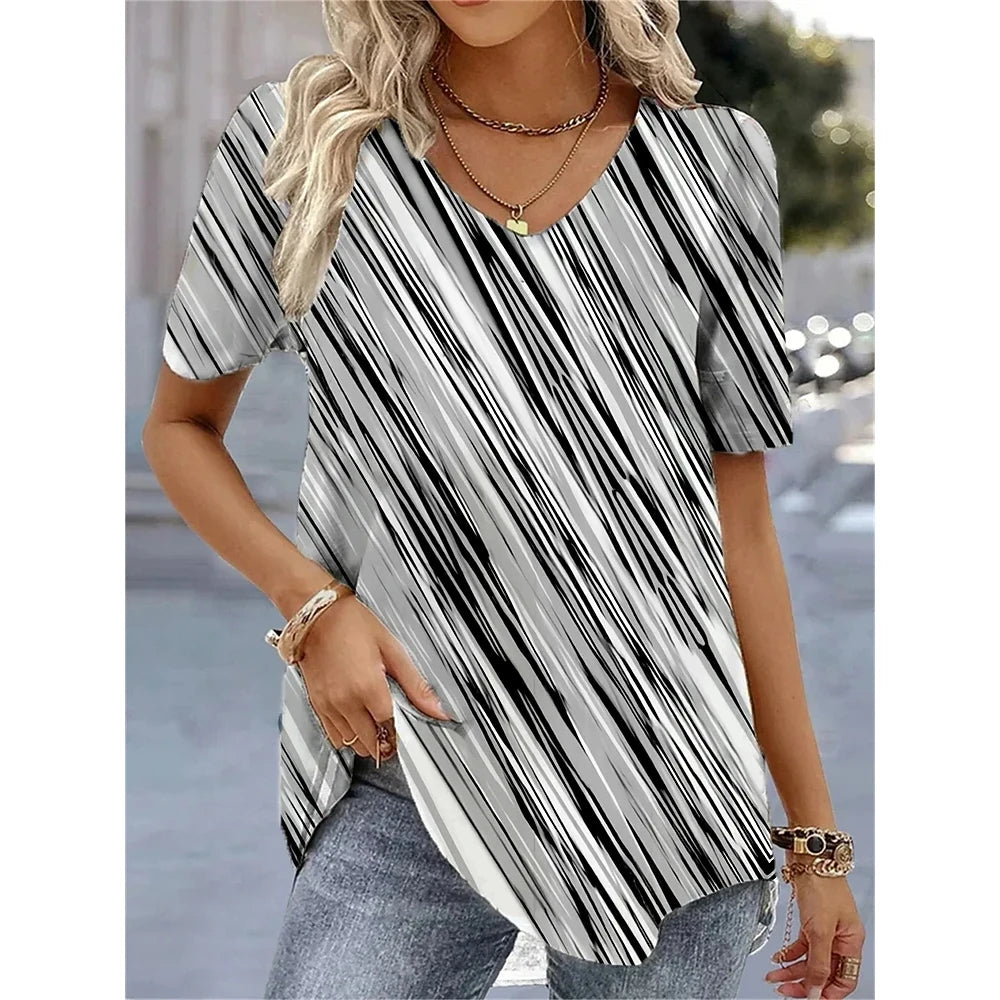 Women's T-Shirt Summer V-Neck Tee Loose Casual Top