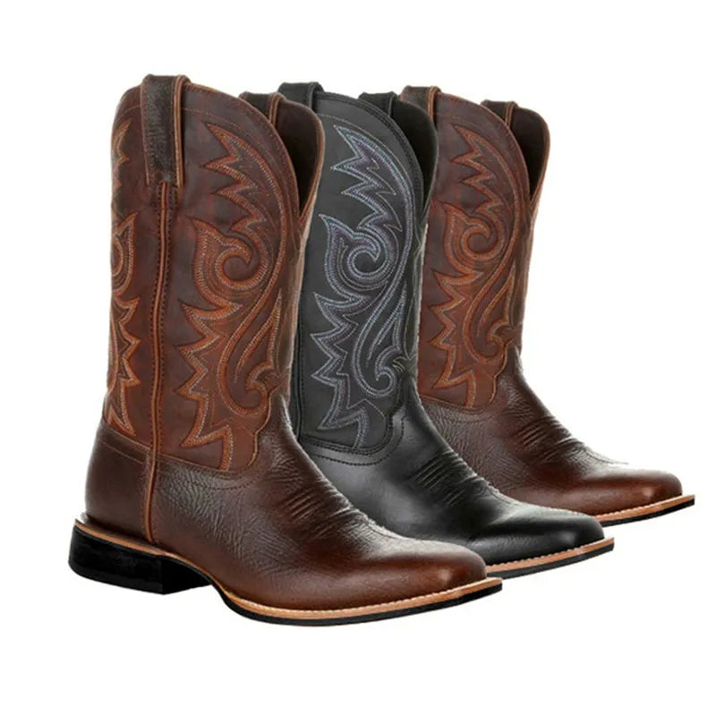 Western Cowboy Boots Black Brown Faux Leather Winter Shoes