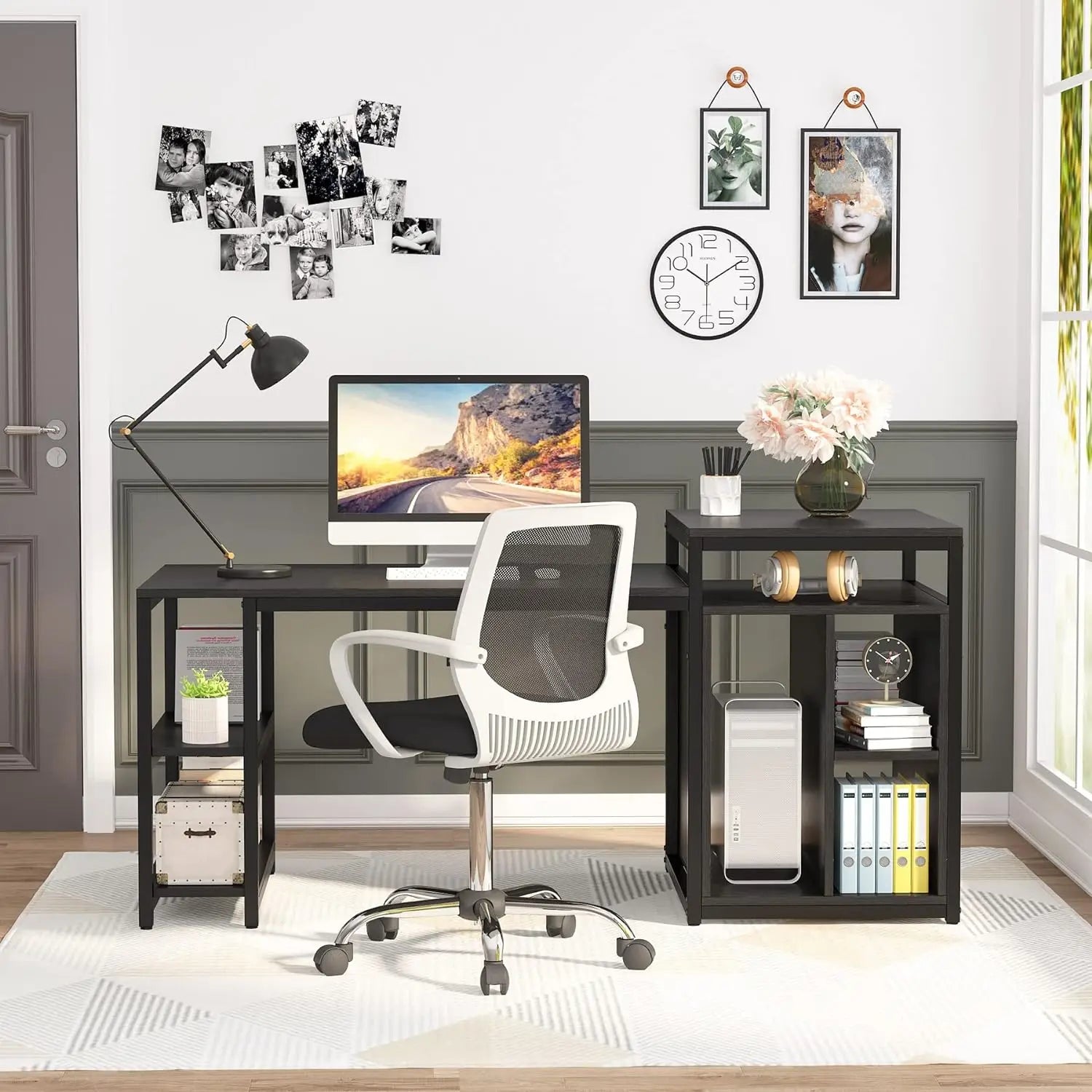 Computer Desk with Storage Shelf, Home Office Desk with Printer Stand & Cabinet Bookcase Combo, Black