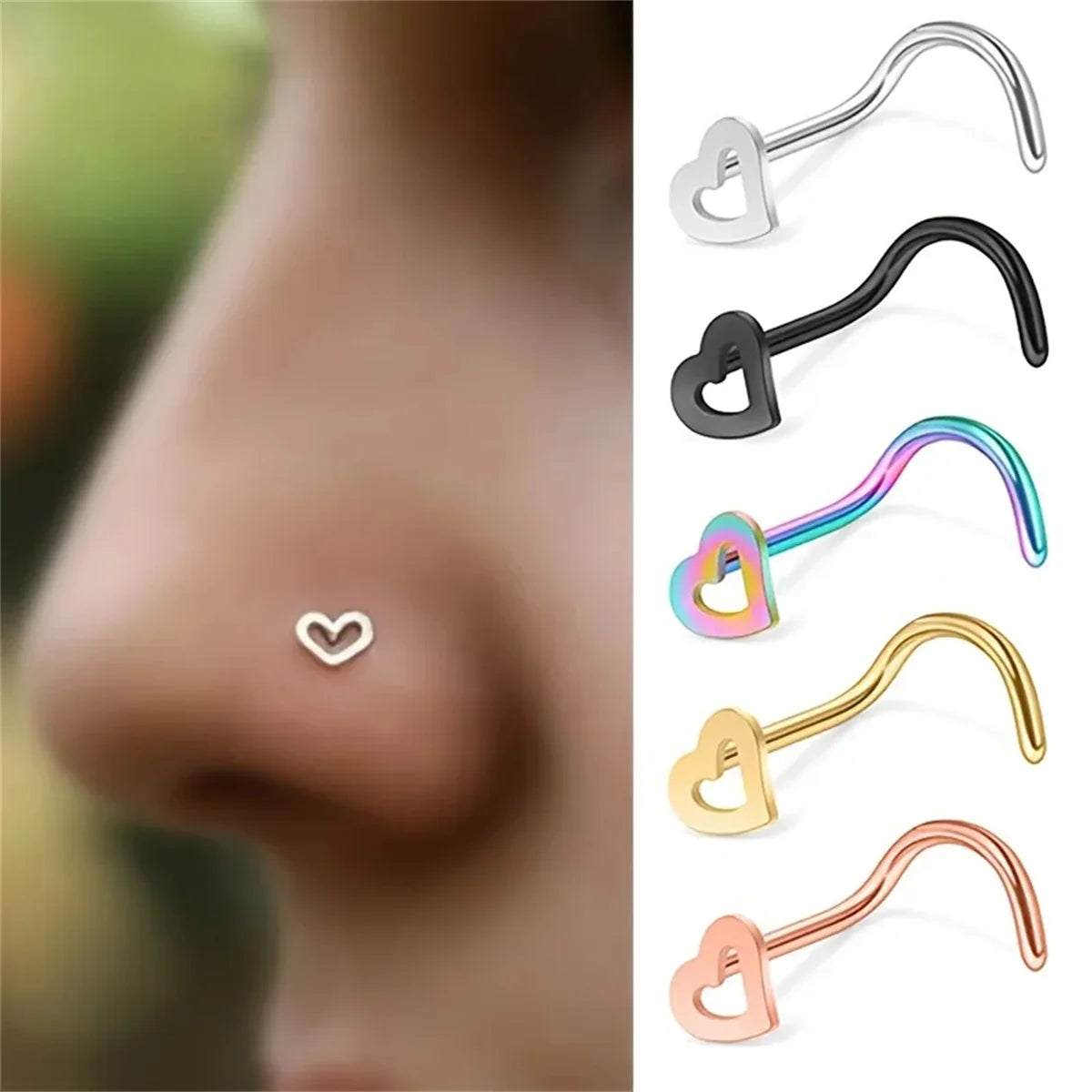 5pcs Fashion Hollow Heart Stainless Steel Nose Stud Set for Women,