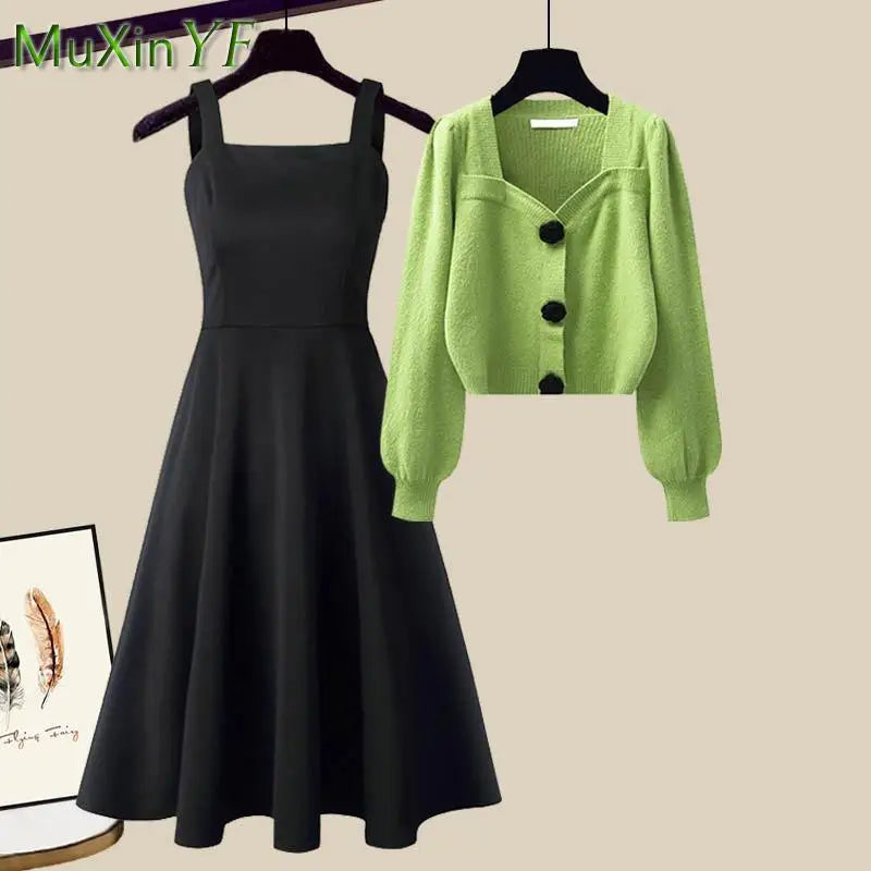 Knit Sweater Top+Black Dress Two Piece Set Women's