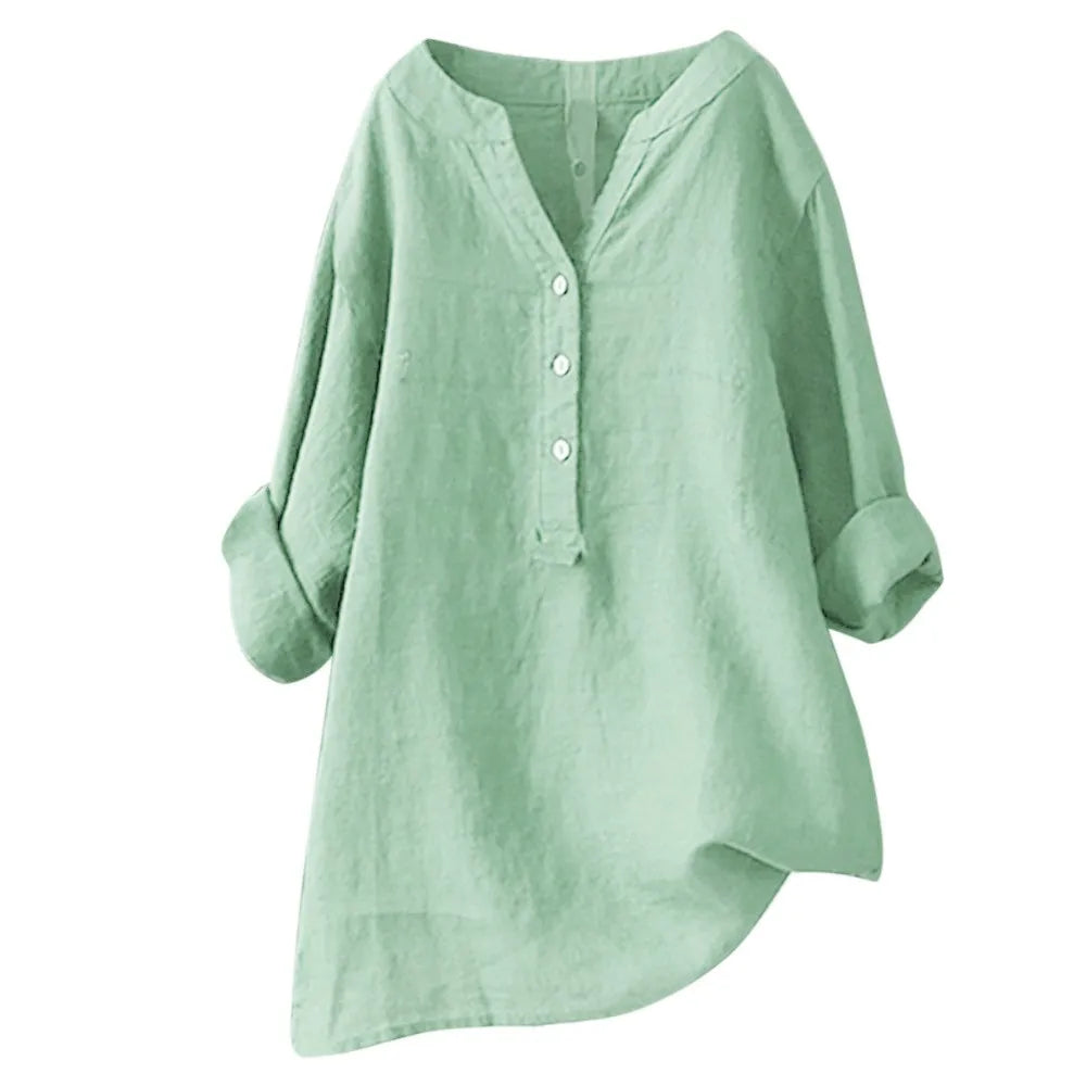 Cotton Linen Shirts Casual Loose Blouse Blended Oversize Long Sleeved V Neck Tops