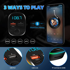 FM Transmitter Bluetooth 3.1A Type-C+Dual USB Port Car Charge Wireless Handsfree Call LED Aux Audio Radio Modulator MP3 Player