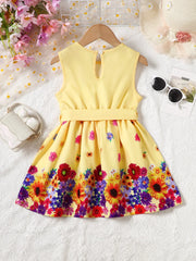 Ladylike Crew-Neck Flower Print Sleeveless Dress for Girl