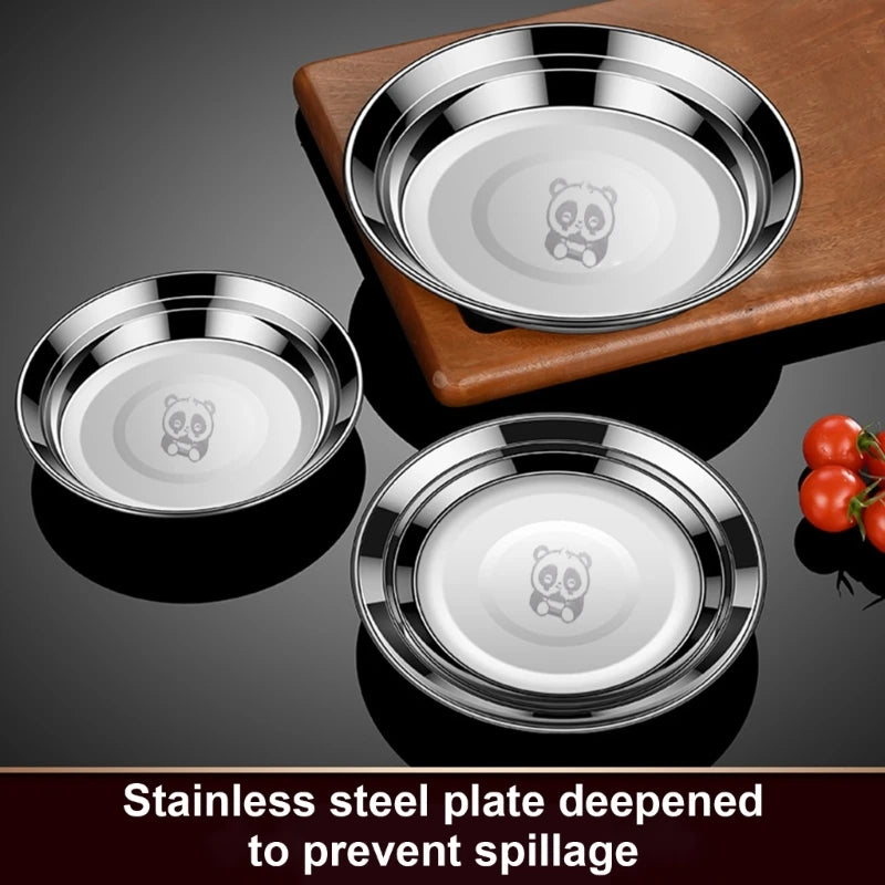 Set of 3 316 Stainless Steel Dinner Plates Deepened Spill Proof Serving Dish with Reinforced Edges